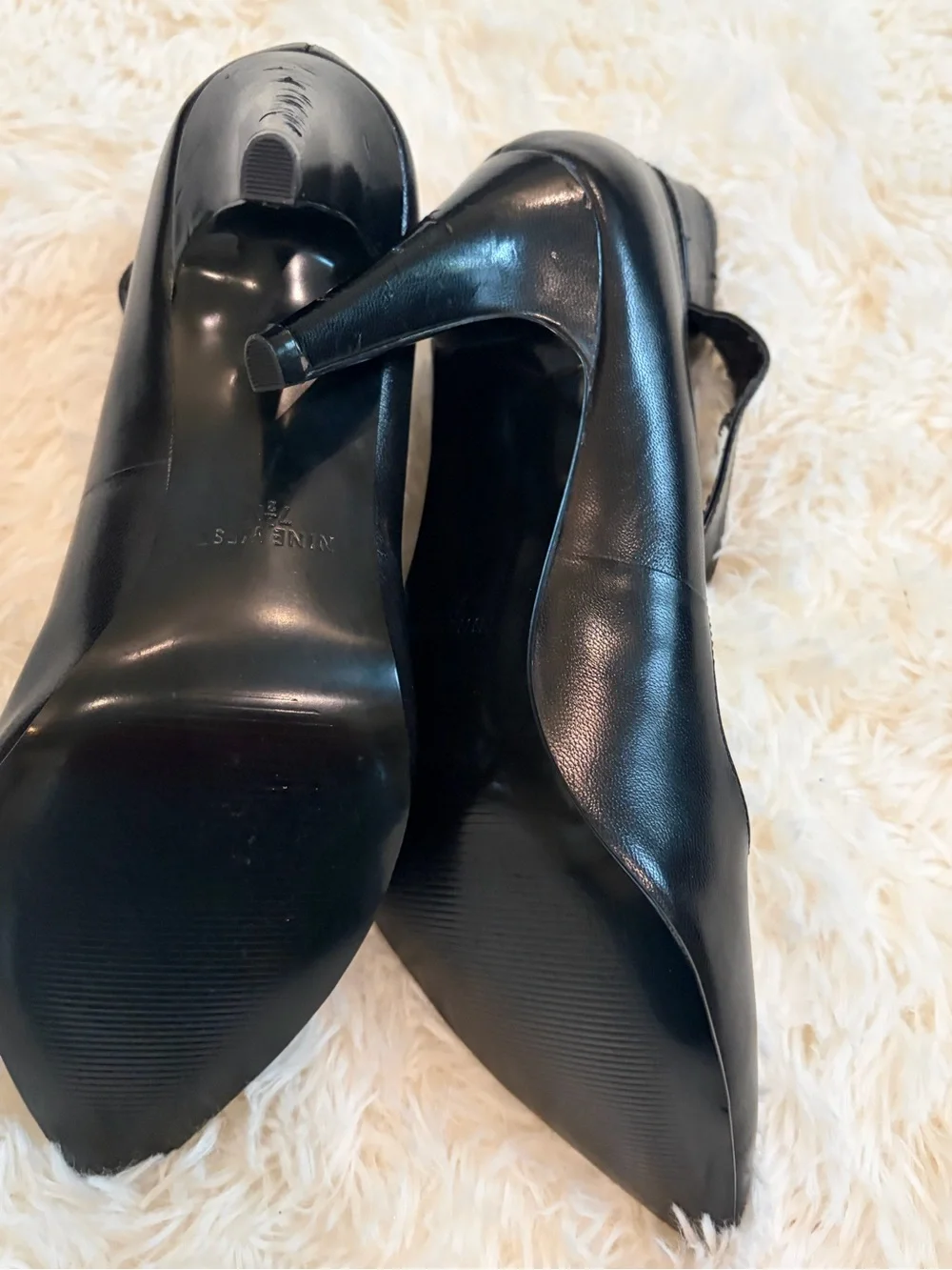 Nine West Black Pointed-Toe Ankle Strap Heels with Gold Buckles